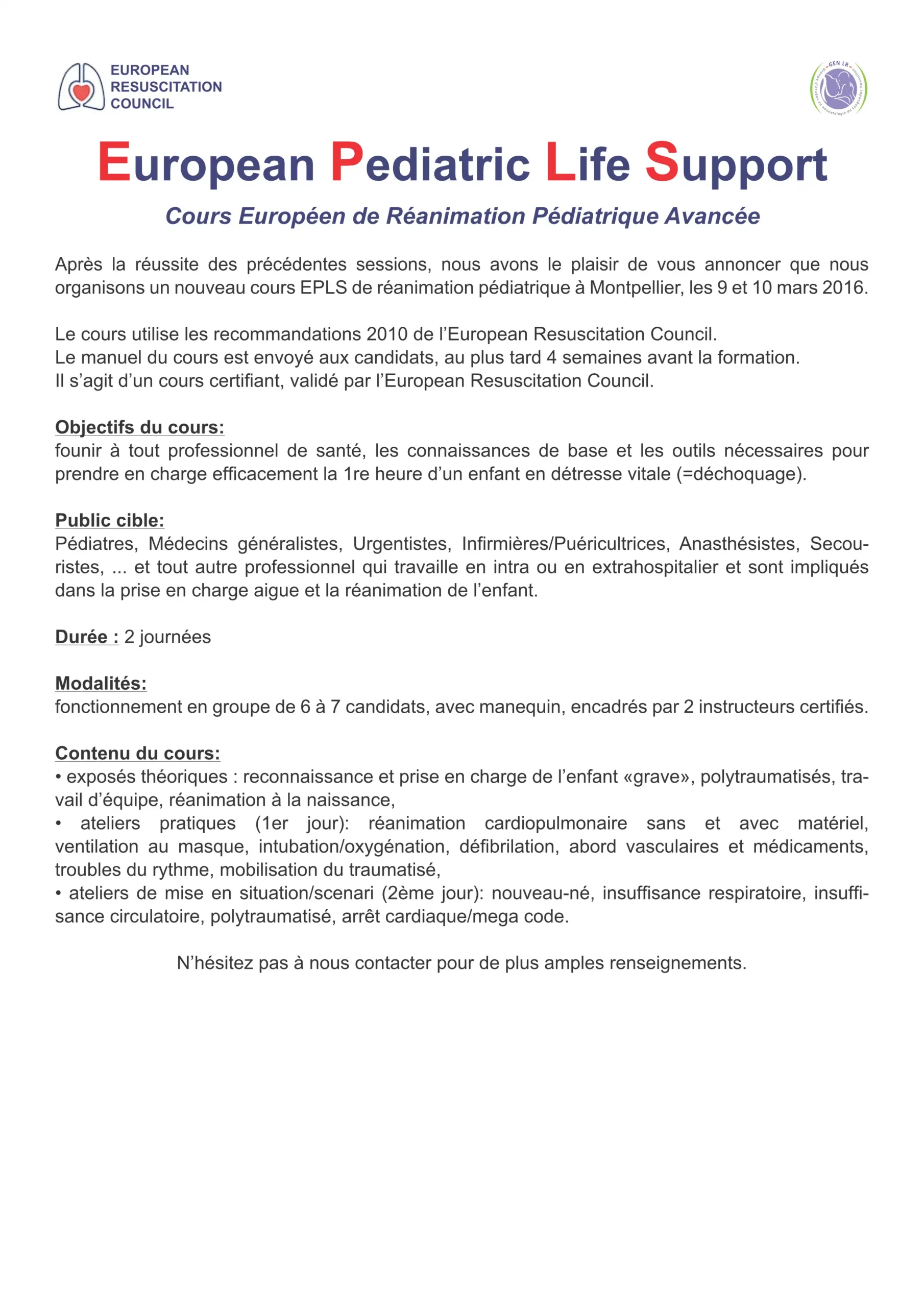 Cours Européen de Réanimation Pédiatrique Avancée