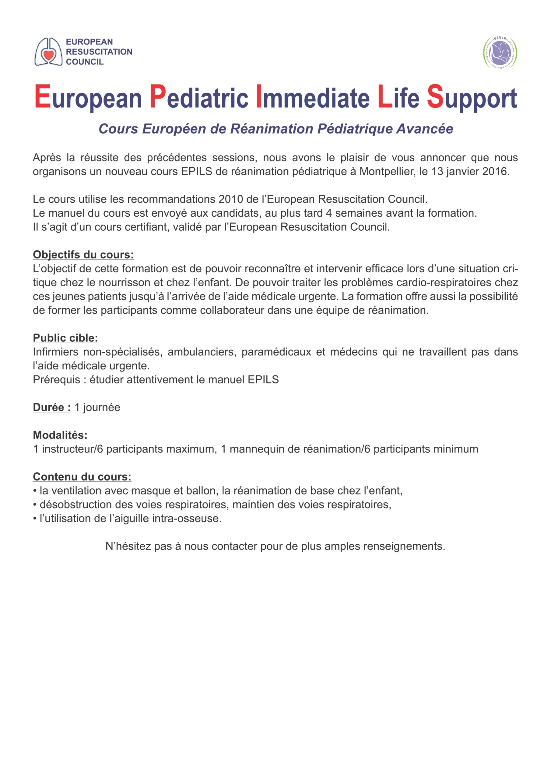 Cours Européen de Réanimation Pédiatrique Immédiate EPILS