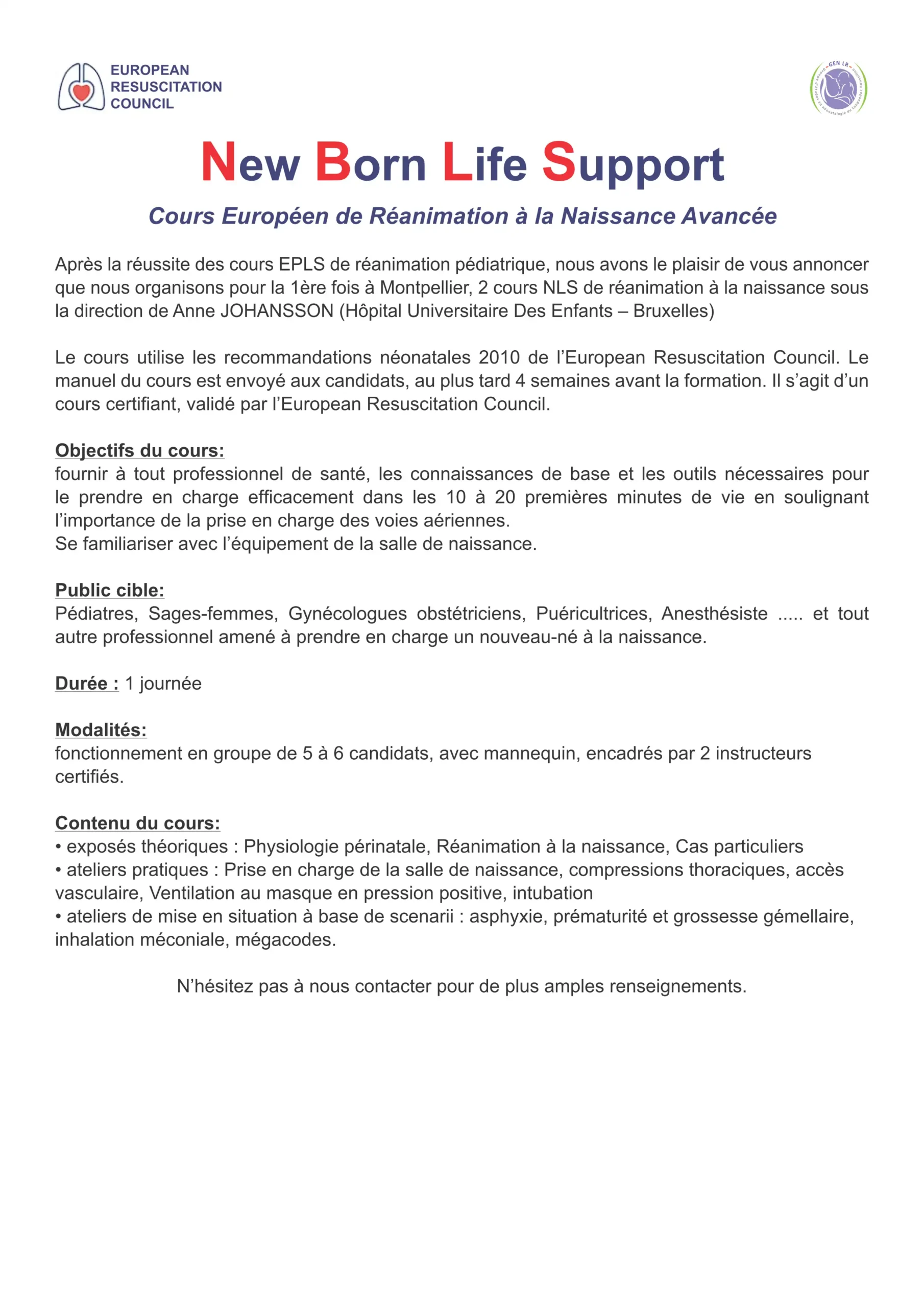 Cours Européen de Réanimation à la Naissance Avancée NBLS