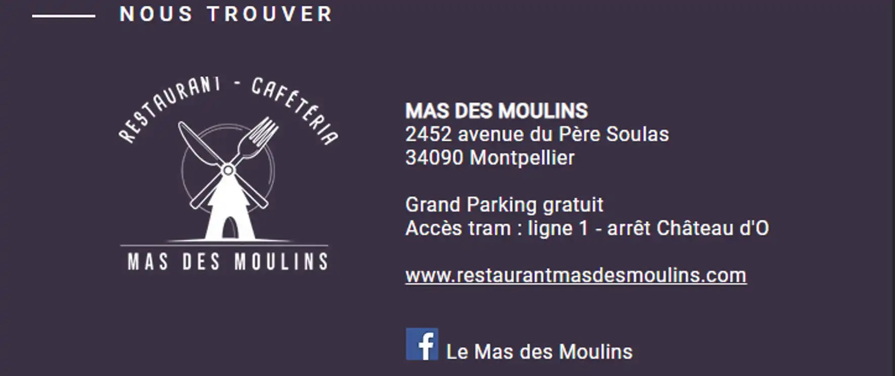 Carte du restaurant du Mas des Moulins à Montpellier