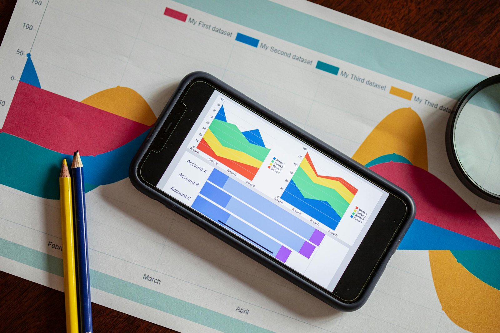 Overhead view of a smartphone displaying colorful charts on paper graphs, symbolizing mobile data analysis.